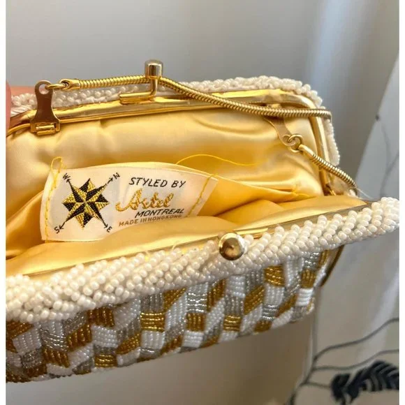 Vintage White, Gold and Silver Small Beaded Evening Bag - Picture 2 of 5